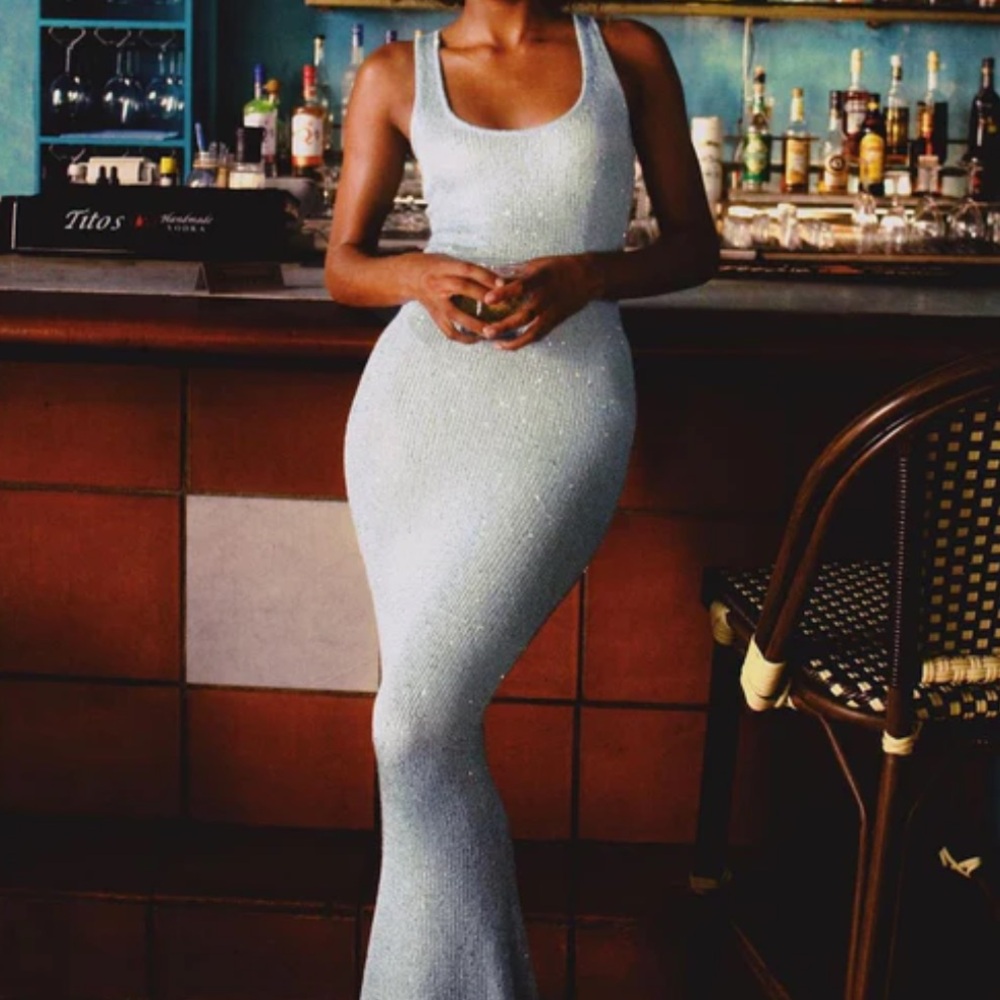 Asta Resort Ana Sequin Midi Dress in Baia Blue SMALL